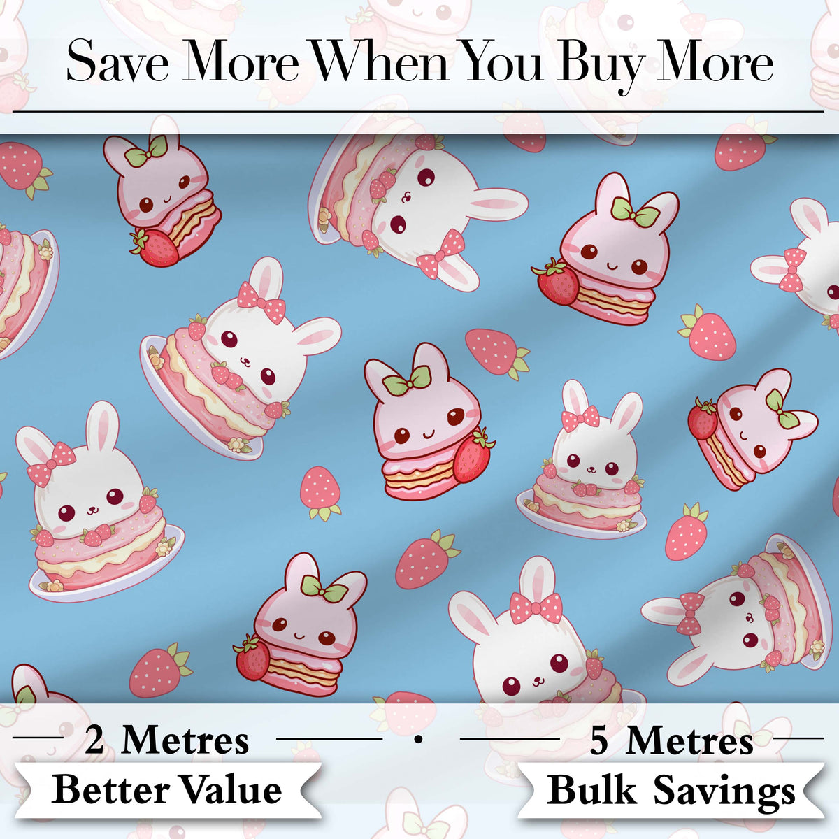 Cute Strawberry Bunny Macaron Dessert Kawaii Blue Background Seamless Pattern Digital Print Fabric by the Metre UK Sewing Quilting Textile