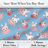 Cute Strawberry Bunny Macaron Dessert Kawaii Blue Background Seamless Pattern Digital Print Fabric by the Metre UK Sewing Quilting Textile