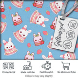 Cute Strawberry Bunny Macaron Dessert Kawaii Blue Background Seamless Pattern Digital Print Fabric by the Metre UK Sewing Quilting Textile