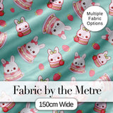 Cute Strawberry Bunny Macaron Dessert Kawaii Mint Background Seamless Pattern Digital Print Fabric by the Metre UK Sewing Quilting Textile
