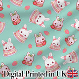 Cute Strawberry Bunny Macaron Dessert Kawaii Mint Background Seamless Pattern Digital Print Fabric by the Metre UK Sewing Quilting Textile