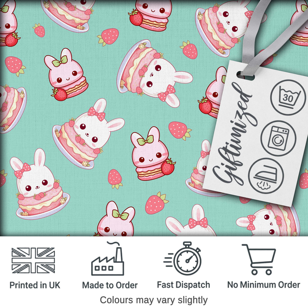 Cute Strawberry Bunny Macaron Dessert Kawaii Mint Background Seamless Pattern Digital Print Fabric by the Metre UK Sewing Quilting Textile