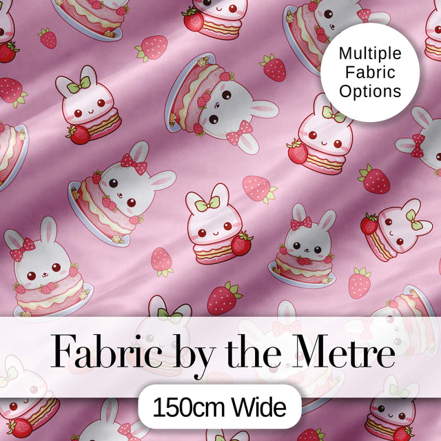 Strawberry Bunny Macaron Dessert Kawaii Blush Pink Background Seamless Pattern Digital Print Fabric by the Metre UK Sewing Quilting Textile