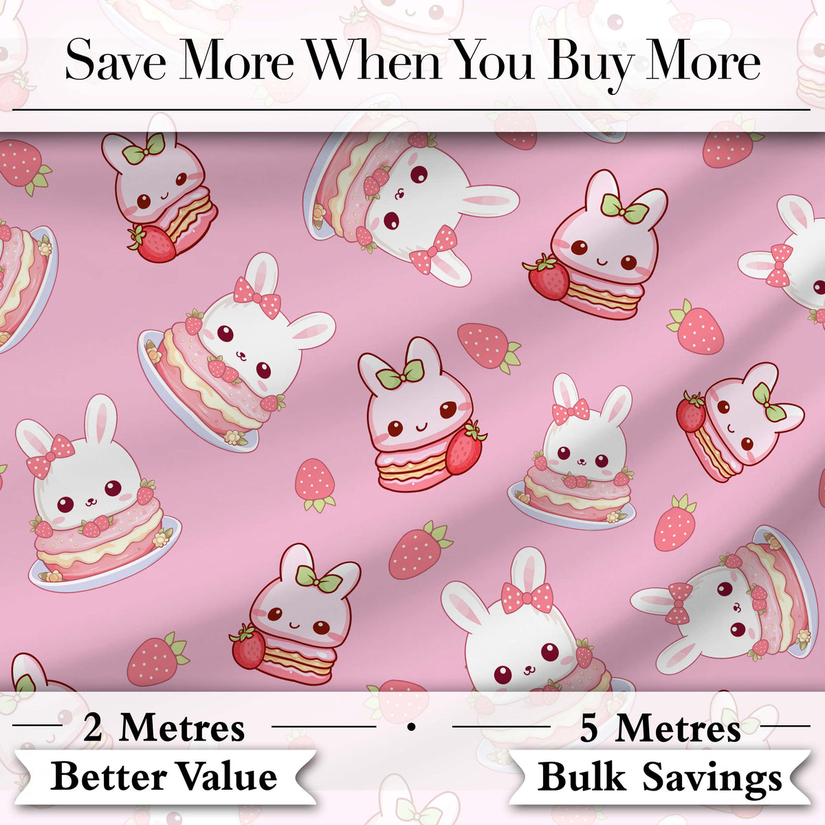 Strawberry Bunny Macaron Dessert Kawaii Blush Pink Background Seamless Pattern Digital Print Fabric by the Metre UK Sewing Quilting Textile