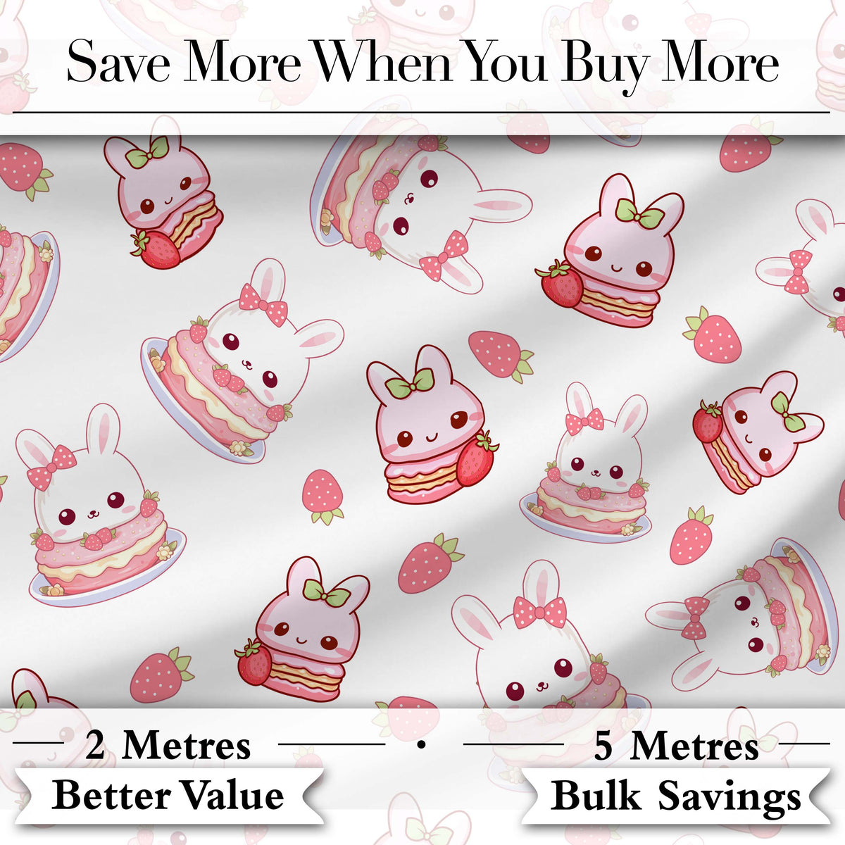 Cute Strawberry Bunny Macaron Dessert Kawaii White Background Seamless Pattern Digital Print Fabric by the Metre UK Sewing Quilting Textile