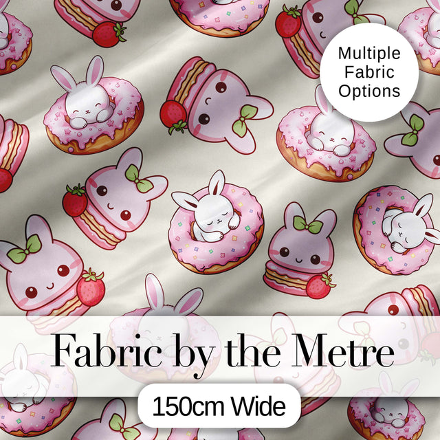 Cute Bunny Donut Strawberry Dessert Kawaii Cream Background Seamless Pattern Digital Print Fabric by the Metre UK Sewing Quilting Textile
