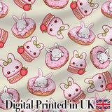 Cute Bunny Donut Strawberry Dessert Kawaii Cream Background Seamless Pattern Digital Print Fabric by the Metre UK Sewing Quilting Textile