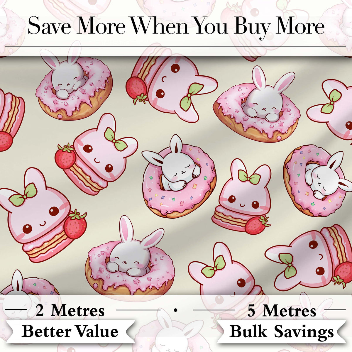 Cute Bunny Donut Strawberry Dessert Kawaii Cream Background Seamless Pattern Digital Print Fabric by the Metre UK Sewing Quilting Textile