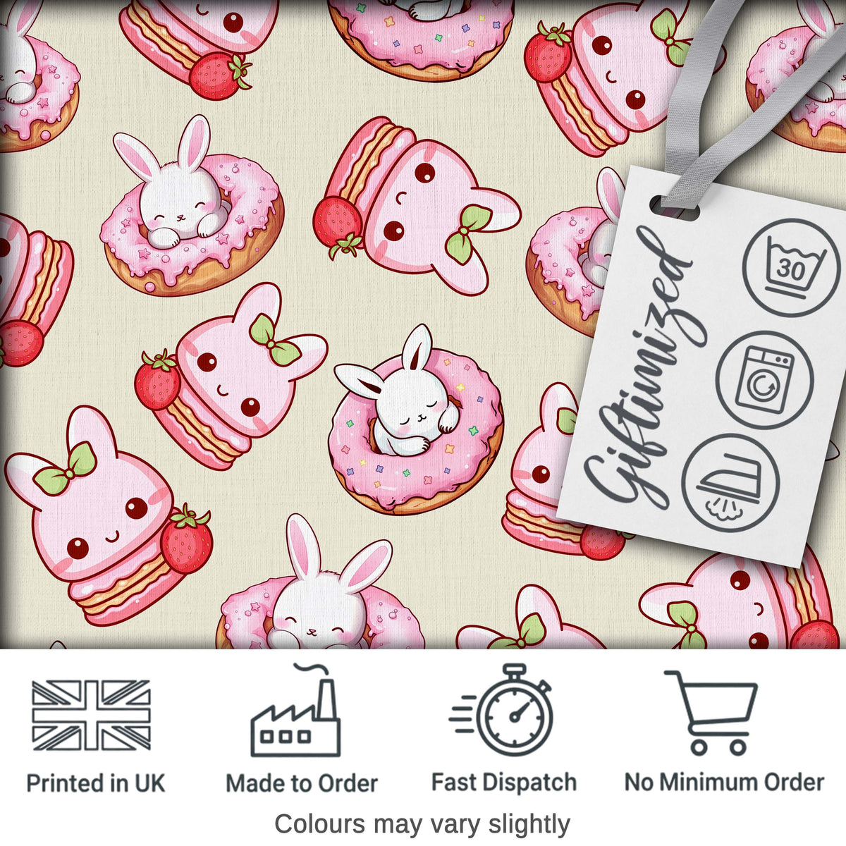 Cute Bunny Donut Strawberry Dessert Kawaii Cream Background Seamless Pattern Digital Print Fabric by the Metre UK Sewing Quilting Textile