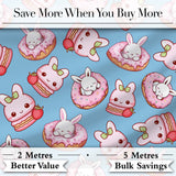 Cute Bunny Donut Strawberry Dessert Kawaii Blue Background Seamless Pattern Digital Print Fabric by the Metre UK Sewing Quilting Textile