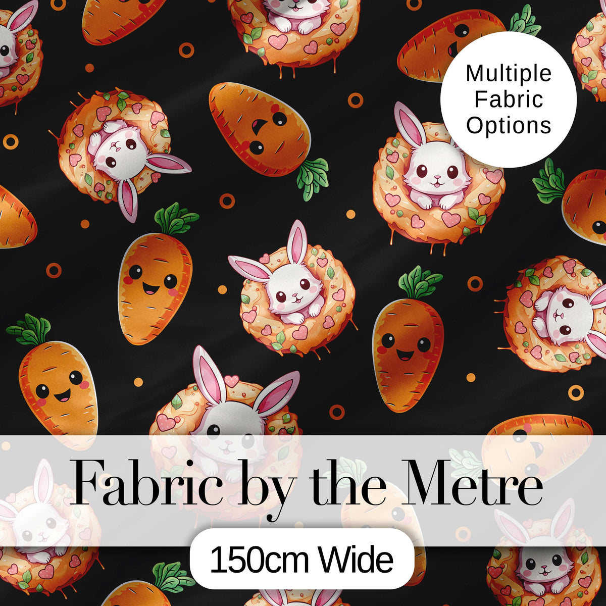 Cute Carrot Bunny Donut Easter Dessert Black Background Seamless Pattern Digital Print Fabric by the Metre UK Sewing Quilting Textile