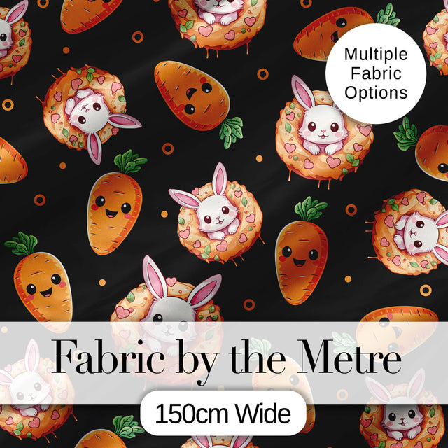Cute Carrot Bunny Donut Easter Dessert Black Background Seamless Pattern Digital Print Fabric by the Metre UK Sewing Quilting Textile