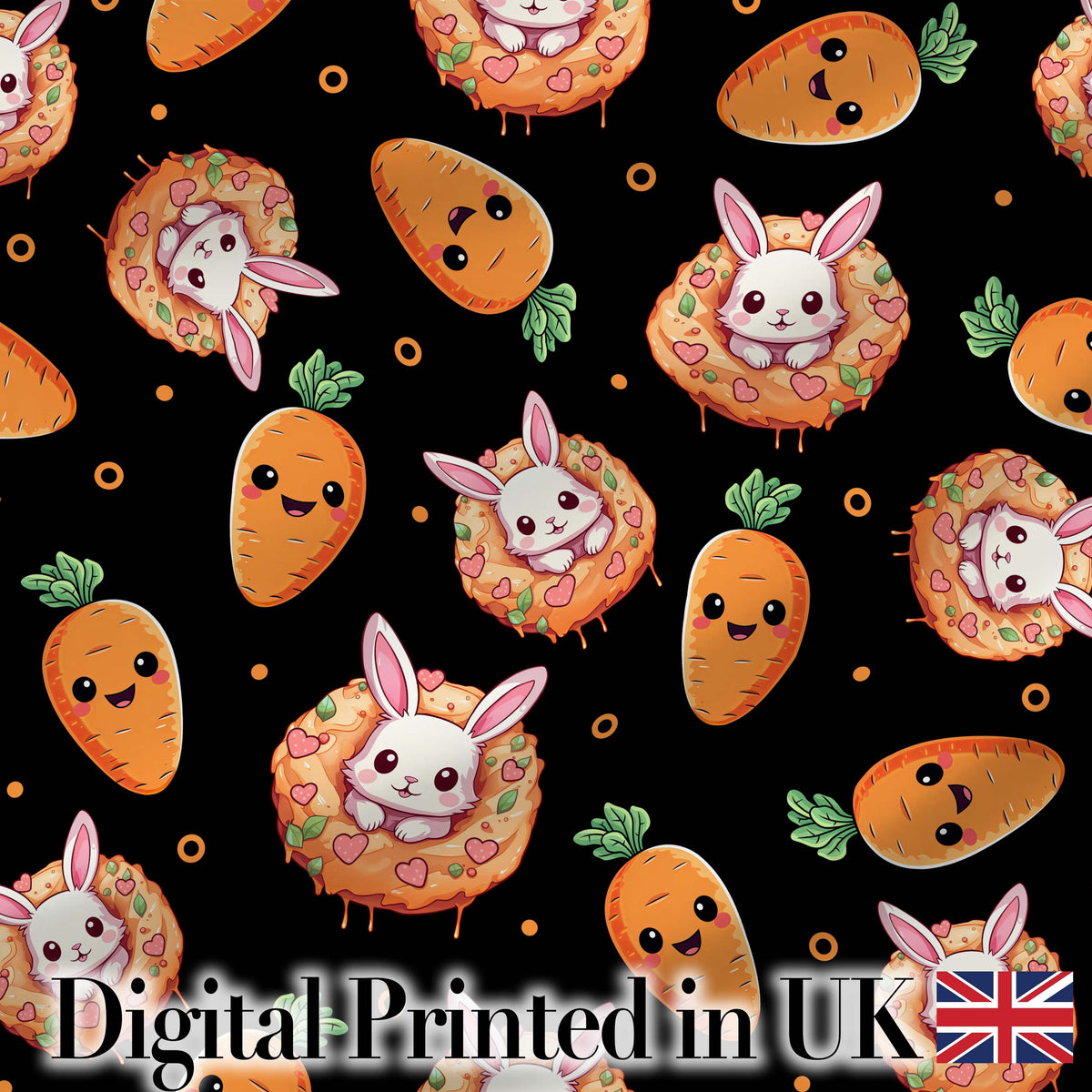 Cute Carrot Bunny Donut Easter Dessert Black Background Seamless Pattern Digital Print Fabric by the Metre UK Sewing Quilting Textile