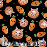 Cute Carrot Bunny Donut Easter Dessert Black Background Seamless Pattern Digital Print Fabric by the Metre UK Sewing Quilting Textile