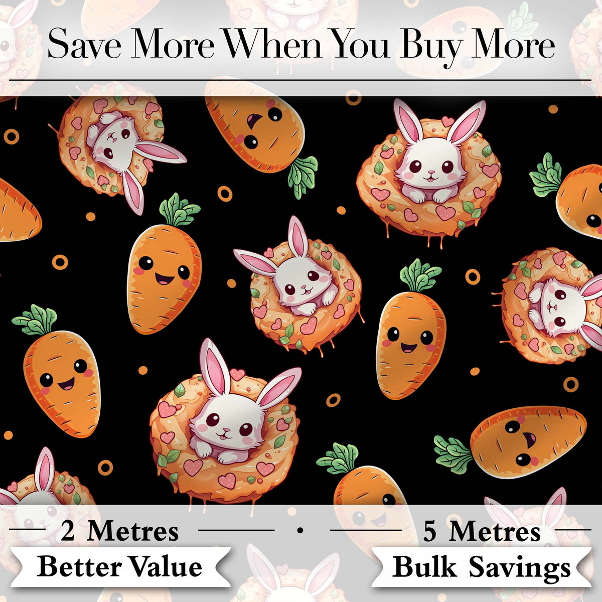 Cute Carrot Bunny Donut Easter Dessert Black Background Seamless Pattern Digital Print Fabric by the Metre UK Sewing Quilting Textile