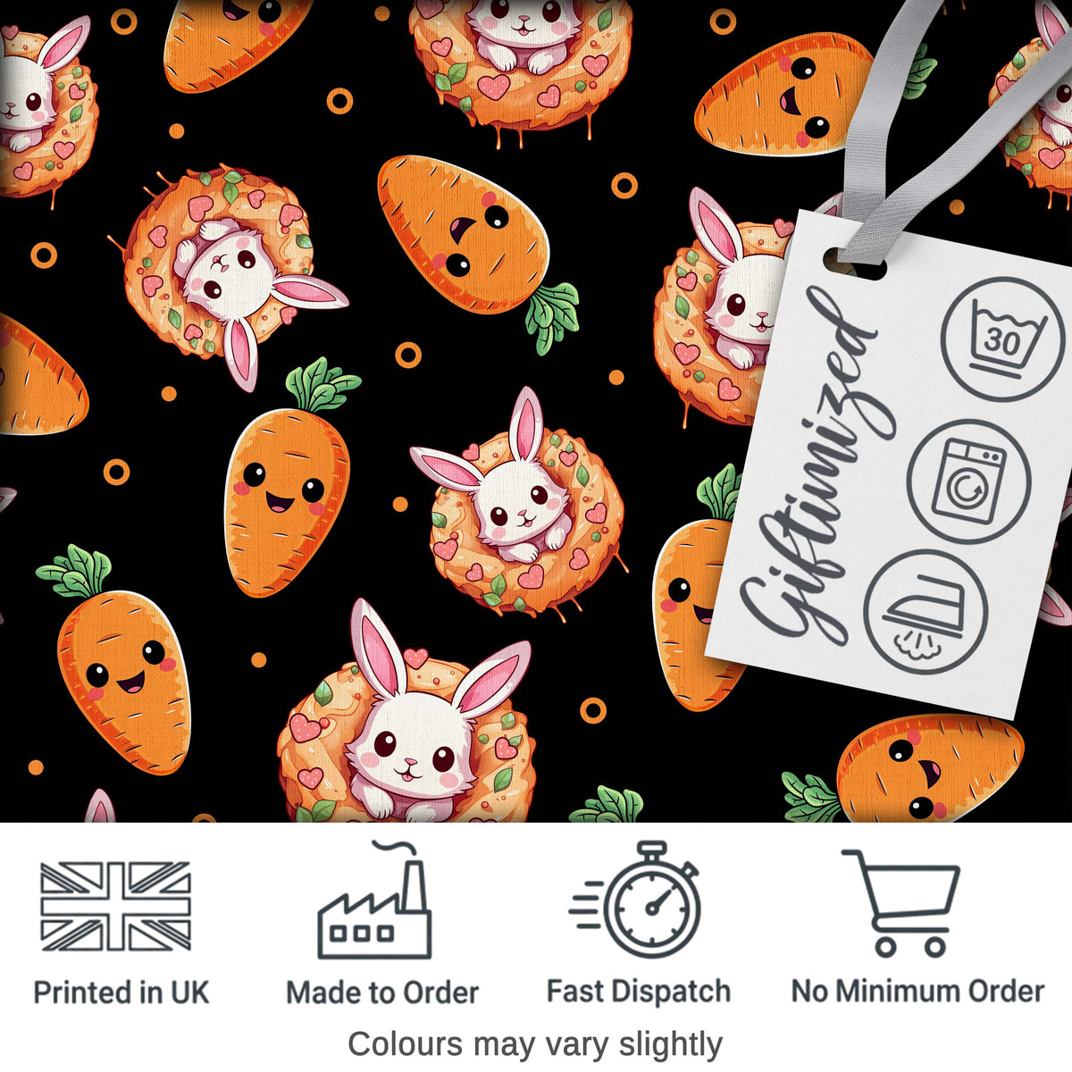Cute Carrot Bunny Donut Easter Dessert Black Background Seamless Pattern Digital Print Fabric by the Metre UK Sewing Quilting Textile