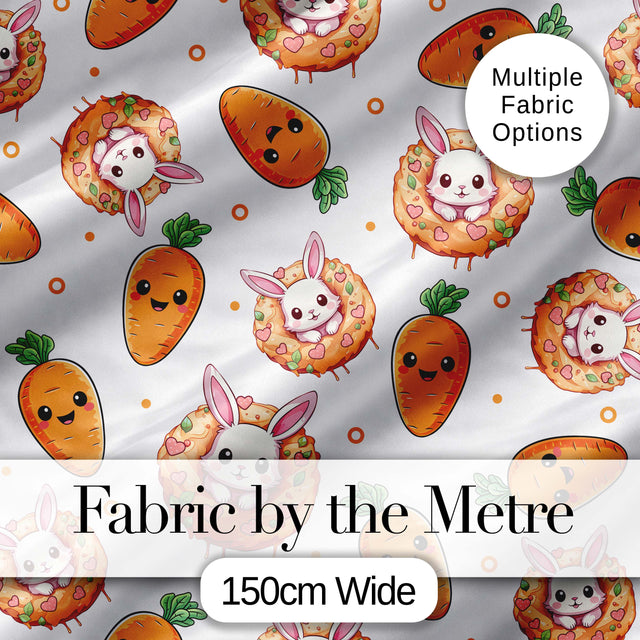 Cute Bunny Donut Carrot Kawaii Easter Dessert Grey Background Seamless Pattern Digital Print Fabric by the Metre UK Sewing Quilting Textile