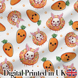 Cute Bunny Donut Carrot Kawaii Easter Dessert Grey Background Seamless Pattern Digital Print Fabric by the Metre UK Sewing Quilting Textile