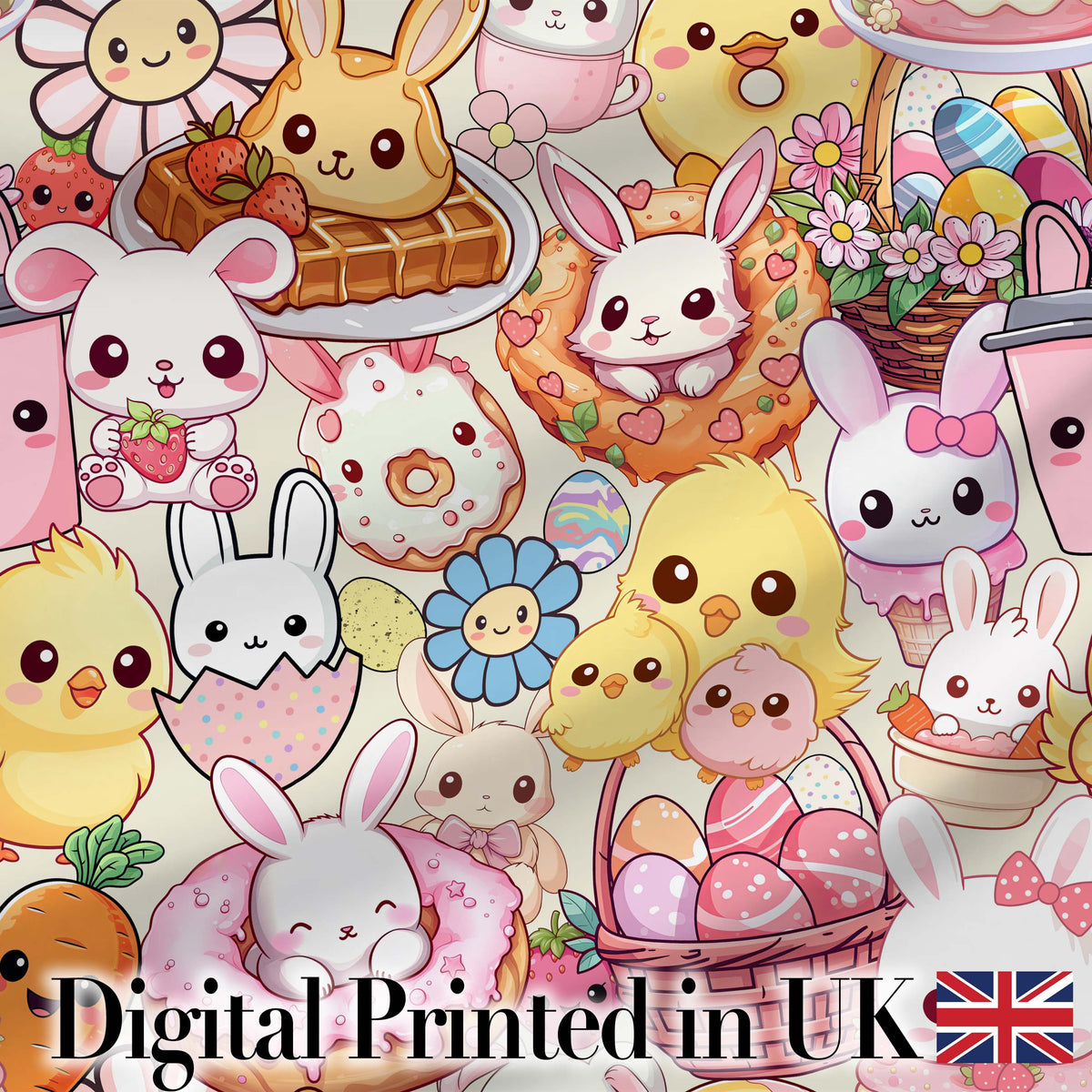 Easter Bunny Donut Basket Kawaii Pastel Cream Background Seamless Pattern Digital Print Fabric by the Metre UK Sewing Quilting Textile