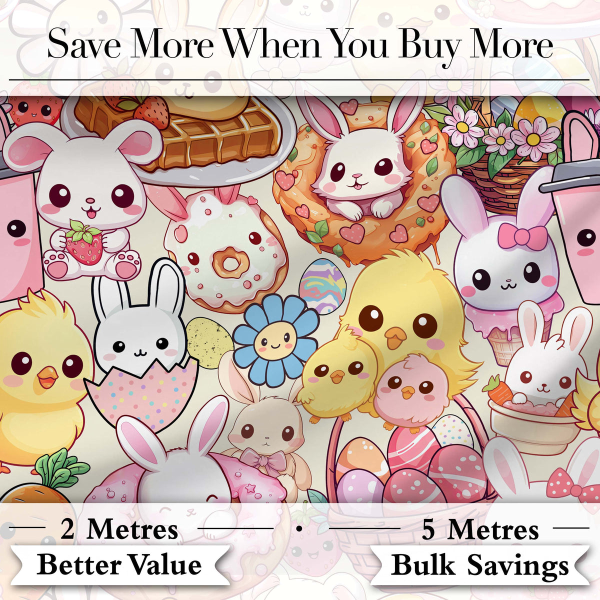 Easter Bunny Donut Basket Kawaii Pastel Cream Background Seamless Pattern Digital Print Fabric by the Metre UK Sewing Quilting Textile