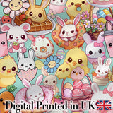 Cute Easter Bunny Chick Donut Basket Kawaii Mint Background Seamless Pattern Digital Print Fabric by the Metre UK Sewing Quilting Textile