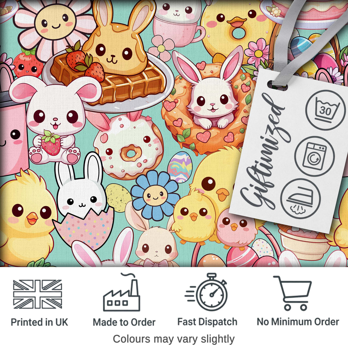 Cute Easter Bunny Chick Donut Basket Kawaii Mint Background Seamless Pattern Digital Print Fabric by the Metre UK Sewing Quilting Textile
