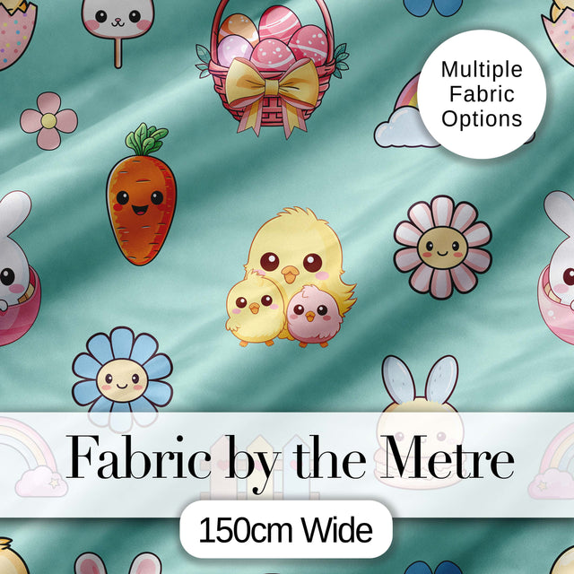 Easter Chick Bunny Carrot Rainbow Fence Kawai Mint Background Seamless Pattern Digital Print Fabric by the Metre UK Sewing Quilting Textile