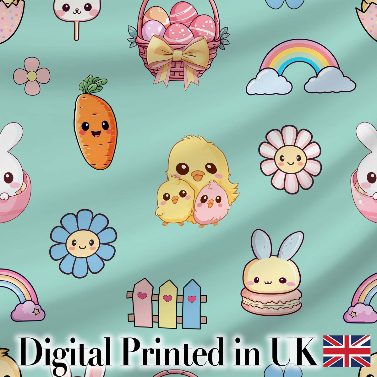 Easter Chick Bunny Carrot Rainbow Fence Kawai Mint Background Seamless Pattern Digital Print Fabric by the Metre UK Sewing Quilting Textile