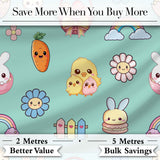 Easter Chick Bunny Carrot Rainbow Fence Kawai Mint Background Seamless Pattern Digital Print Fabric by the Metre UK Sewing Quilting Textile