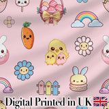 Easter Chick Bunny Carrot Rainbow Flower Pink Background Seamless Pattern Digital Print Fabric by the Metre UK Sewing Quilting Textile