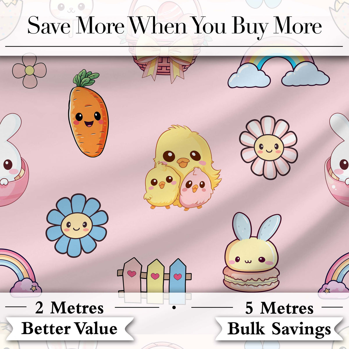 Easter Chick Bunny Carrot Rainbow Flower Pink Background Seamless Pattern Digital Print Fabric by the Metre UK Sewing Quilting Textile