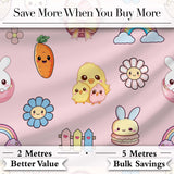 Easter Chick Bunny Carrot Rainbow Flower Pink Background Seamless Pattern Digital Print Fabric by the Metre UK Sewing Quilting Textile