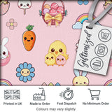Easter Chick Bunny Carrot Rainbow Flower Pink Background Seamless Pattern Digital Print Fabric by the Metre UK Sewing Quilting Textile