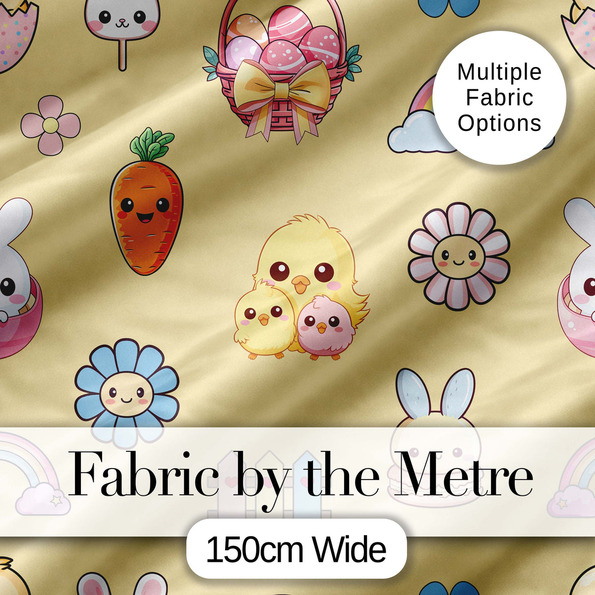 Easter Chick Bunny Carrot Rainbow Flower Yellow Background Seamless Pattern Digital Print Fabric by the Metre UK Sewing Quilting Textile