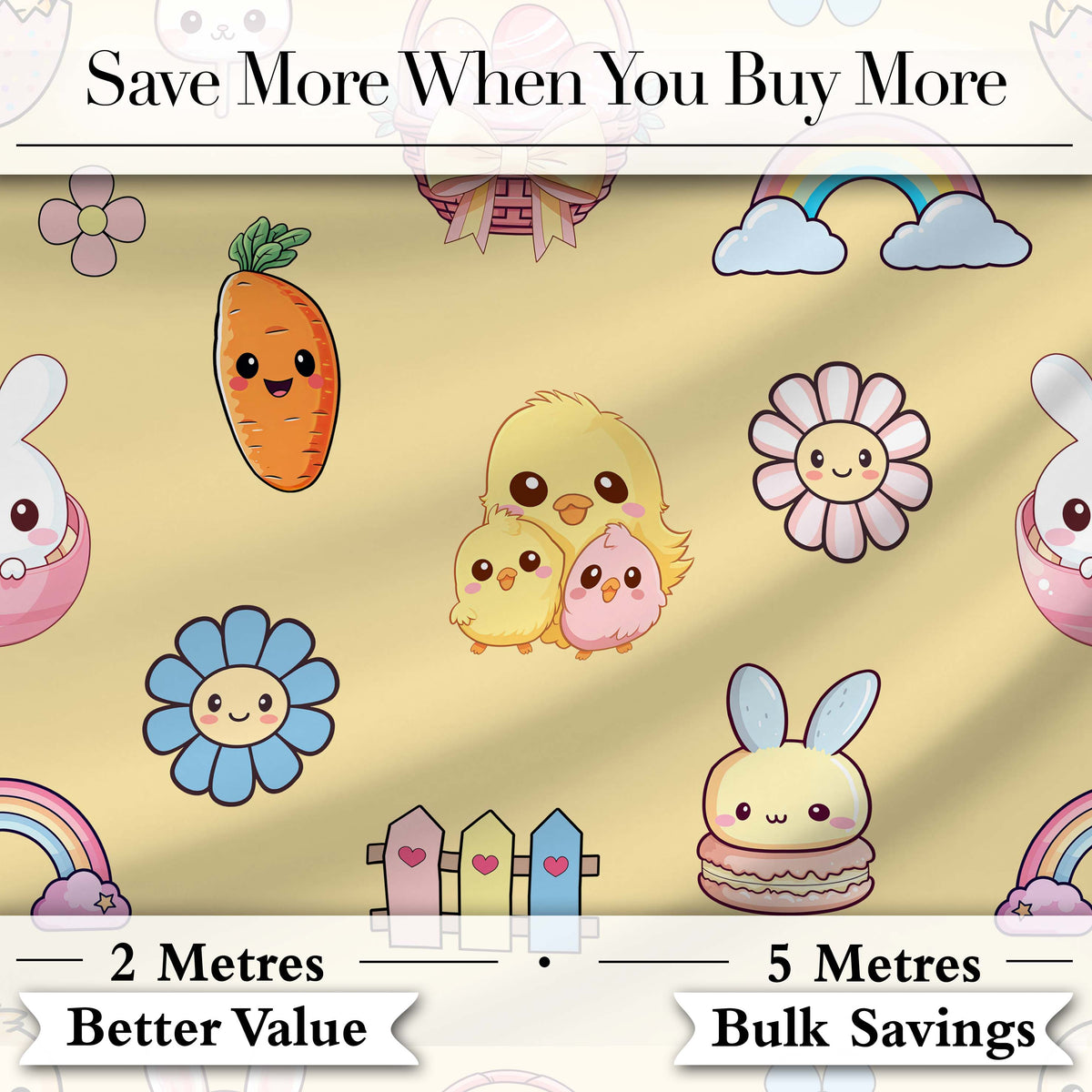 Easter Chick Bunny Carrot Rainbow Flower Yellow Background Seamless Pattern Digital Print Fabric by the Metre UK Sewing Quilting Textile