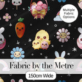 Easter Chick Bunny Carrot Rainbow Black Starry Background Seamless Pattern Digital Print Fabric by the Metre UK Sewing Quilting Textile