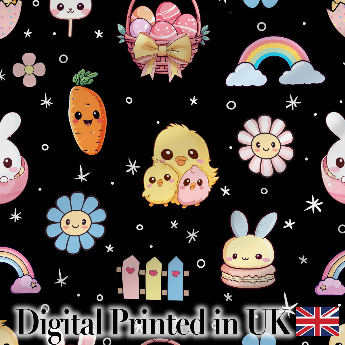 Easter Chick Bunny Carrot Rainbow Black Starry Background Seamless Pattern Digital Print Fabric by the Metre UK Sewing Quilting Textile