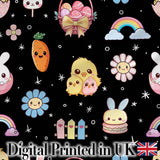 Easter Chick Bunny Carrot Rainbow Black Starry Background Seamless Pattern Digital Print Fabric by the Metre UK Sewing Quilting Textile