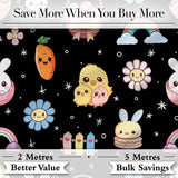 Easter Chick Bunny Carrot Rainbow Black Starry Background Seamless Pattern Digital Print Fabric by the Metre UK Sewing Quilting Textile