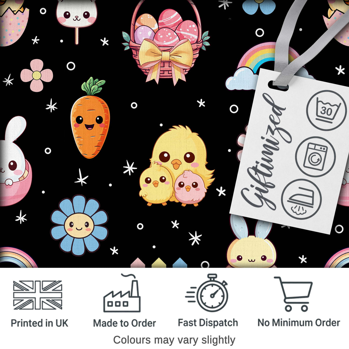 Easter Chick Bunny Carrot Rainbow Black Starry Background Seamless Pattern Digital Print Fabric by the Metre UK Sewing Quilting Textile