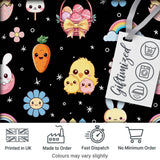 Easter Chick Bunny Carrot Rainbow Black Starry Background Seamless Pattern Digital Print Fabric by the Metre UK Sewing Quilting Textile