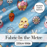 Easter Chick Bunny Carrot Rainbow Flower Sky Blue Background Seamless Pattern Digital Print Fabric by the Metre UK Sewing Quilting Textile