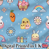 Easter Chick Bunny Carrot Rainbow Flower Sky Blue Background Seamless Pattern Digital Print Fabric by the Metre UK Sewing Quilting Textile