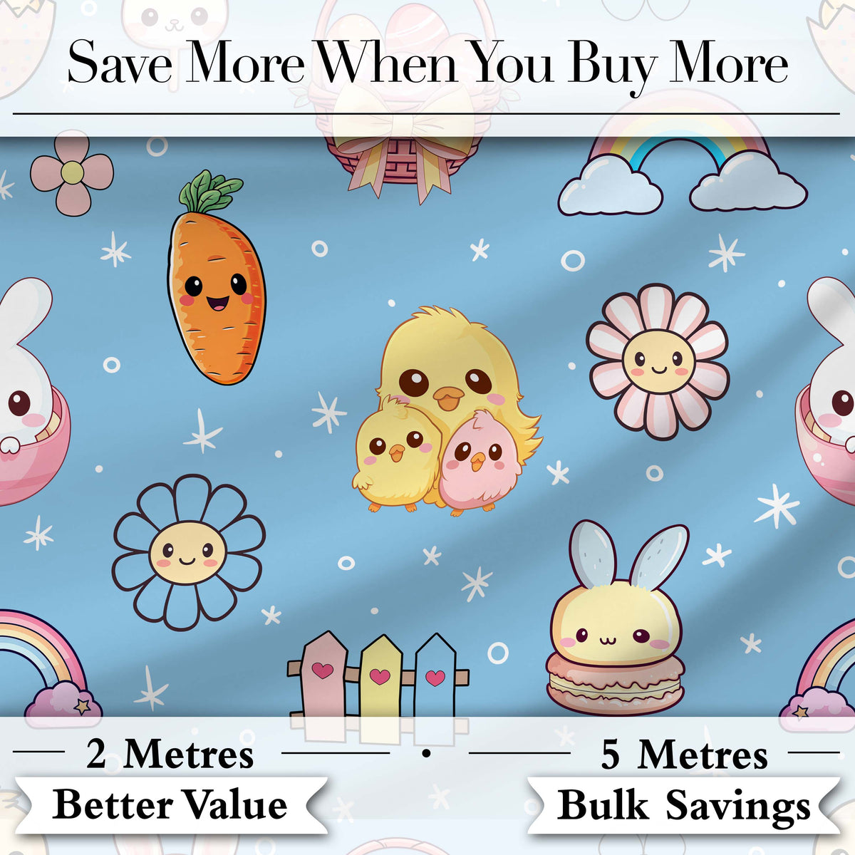 Easter Chick Bunny Carrot Rainbow Flower Sky Blue Background Seamless Pattern Digital Print Fabric by the Metre UK Sewing Quilting Textile