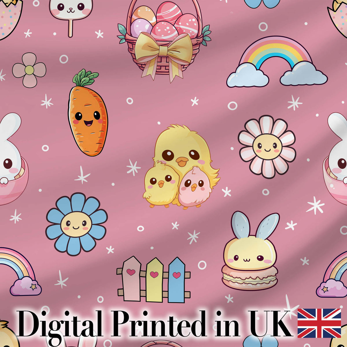 Easter Chick Bunny Carrot Rainbow Rose Pink Background Seamless Pattern Digital Print Fabric by the Metre UK Sewing Quilting Textile