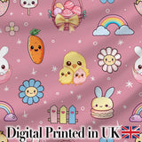 Easter Chick Bunny Carrot Rainbow Rose Pink Background Seamless Pattern Digital Print Fabric by the Metre UK Sewing Quilting Textile
