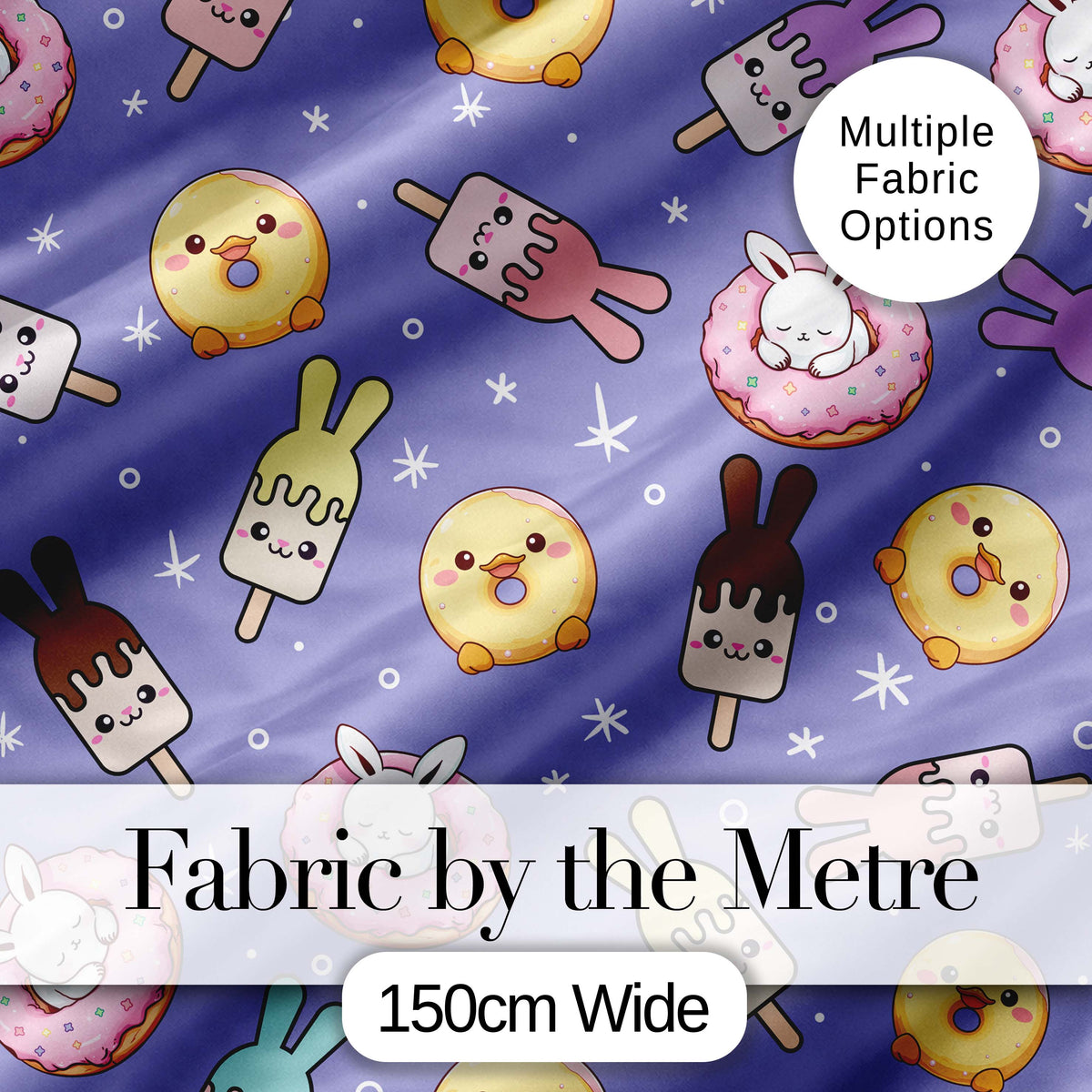 Cute Easter Bunny Ice Cream Donut Chick Kawaii Purple Star Background Seamless Pattern Digital Print Fabric by the Metre UK
