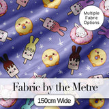 Cute Easter Bunny Ice Cream Donut Chick Kawaii Purple Star Background Seamless Pattern Digital Print Fabric by the Metre UK