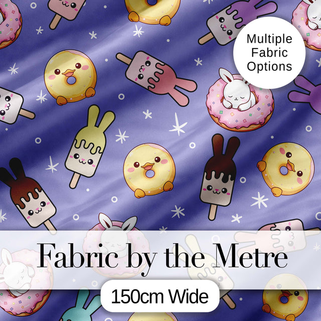 Cute Easter Bunny Ice Cream Donut Chick Kawaii Purple Star Background Seamless Pattern Digital Print Fabric by the Metre UK
