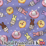 Cute Easter Bunny Ice Cream Donut Chick Kawaii Purple Star Background Seamless Pattern Digital Print Fabric by the Metre UK